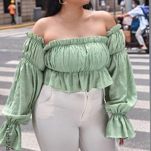 OFF THE SHOULDER RUFLE TRIM RUCHED PEPLUM TOP